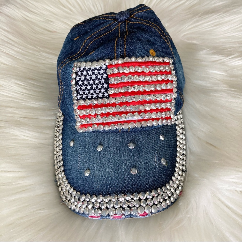 Rhinestone American Flag Women’s Denim Patriotic Hat Stars & Stripes Adjustable